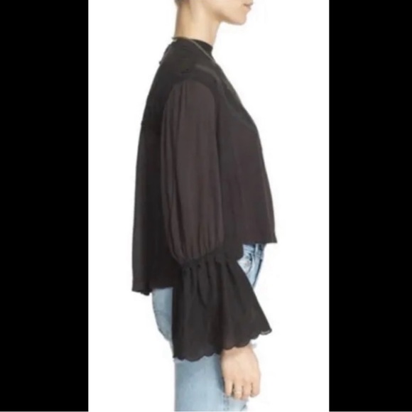 FREE PEOPLE Femme Fatale Blouse Embroidered Black Swing Bell Sleeves Scalloped - Picture 4 of 13